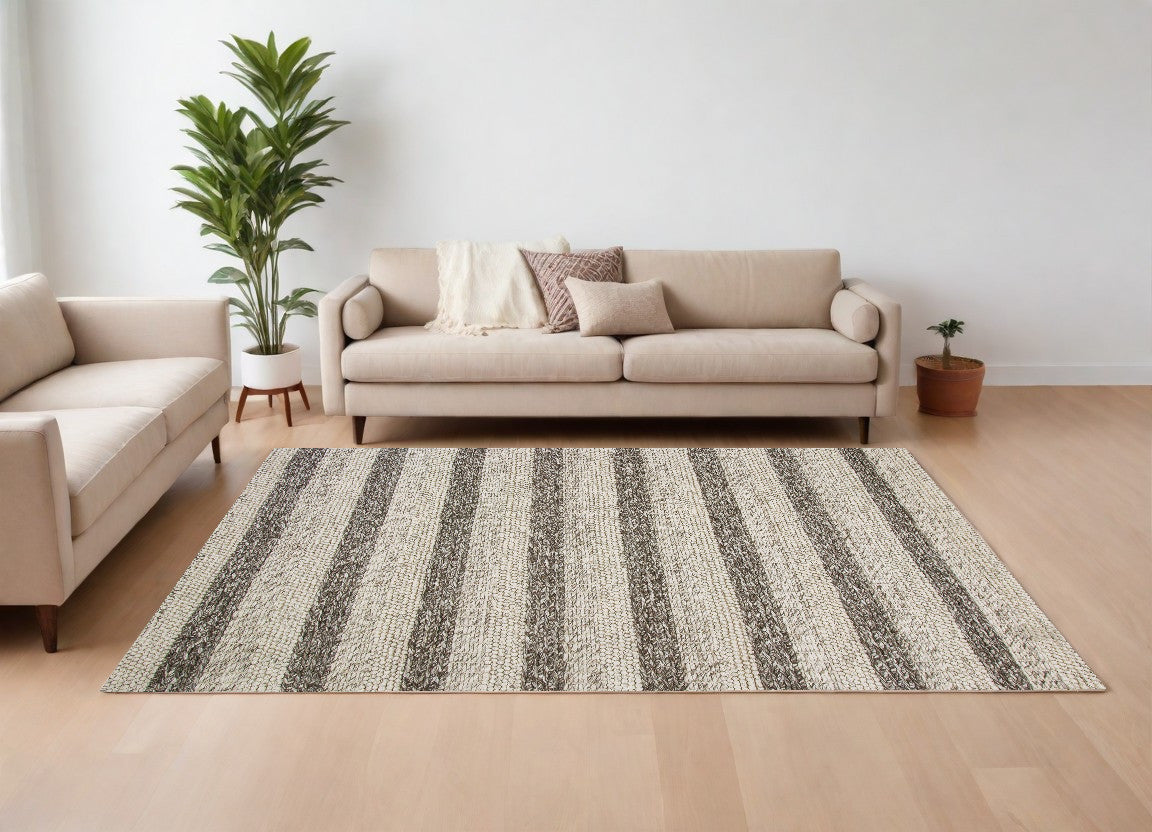 9' X 13' Brown Gray And Ivory Wool Striped Hand Woven Area Rug
