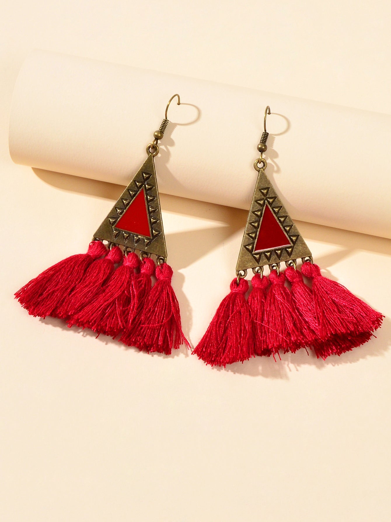 American Jewellery Ethnic Antique Gold Triangle Winered Tassel Bohemian Earrings