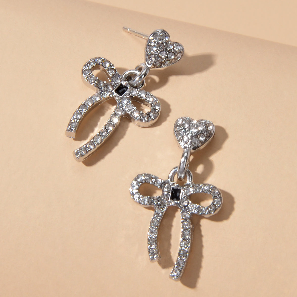 Luxury Full Rhinestone Silver Heart Bowknot Dangle Earrings Engagement Jewellery
