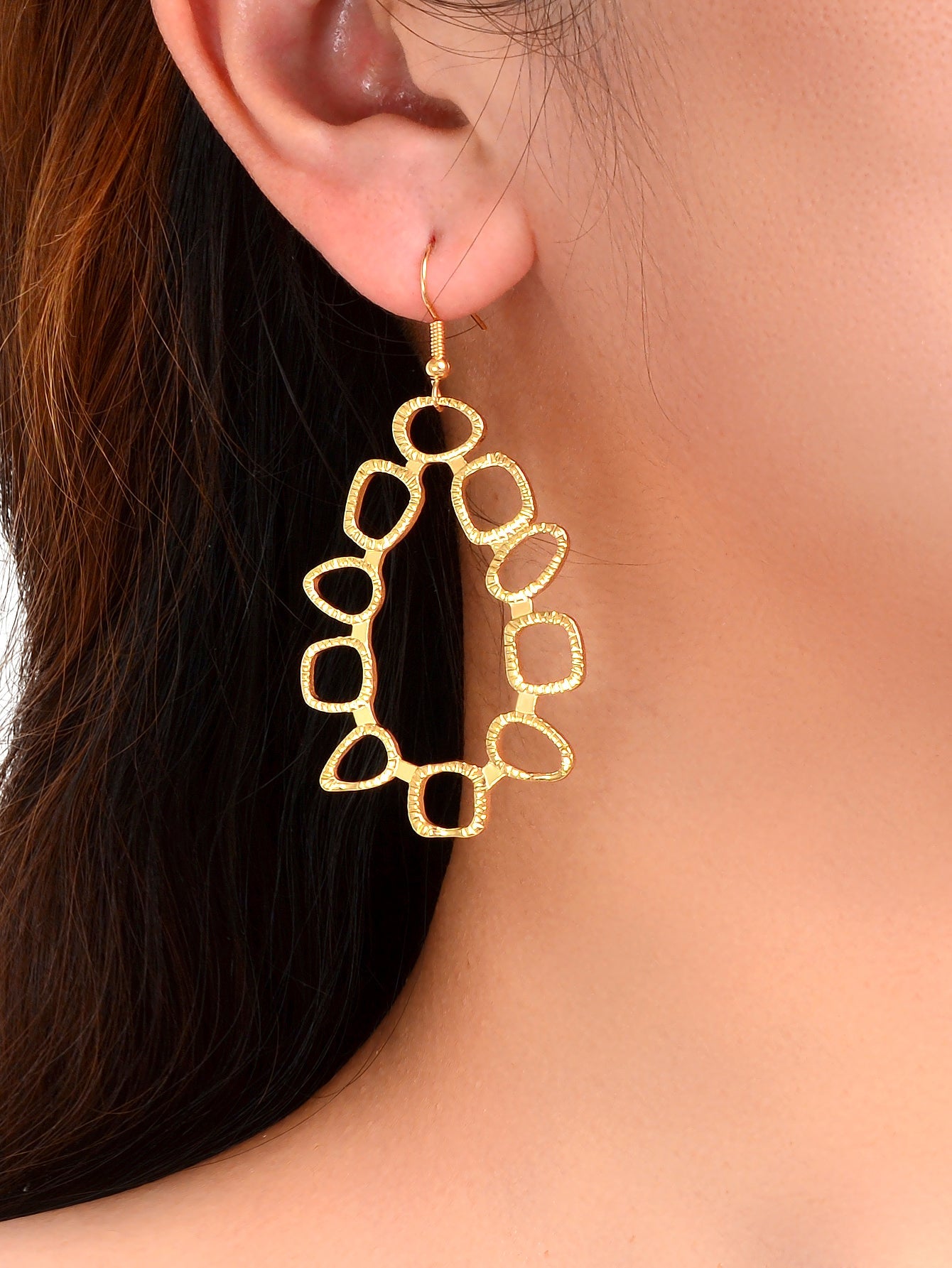 Geometric Design Gold Metal Hollow Dangle Hook Statement Earrings Lady Jewellery