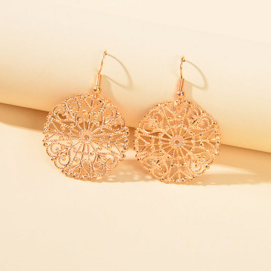 Ladies Jewellery Hollow Gold Silver Flower Pattern Round Trendy Dangle Earrings