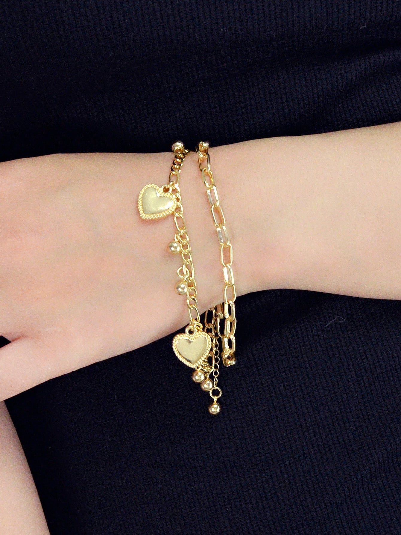 Ladies Jewellery Double layer Gold Silver Paperclip Chain Beads Heart Bracelet