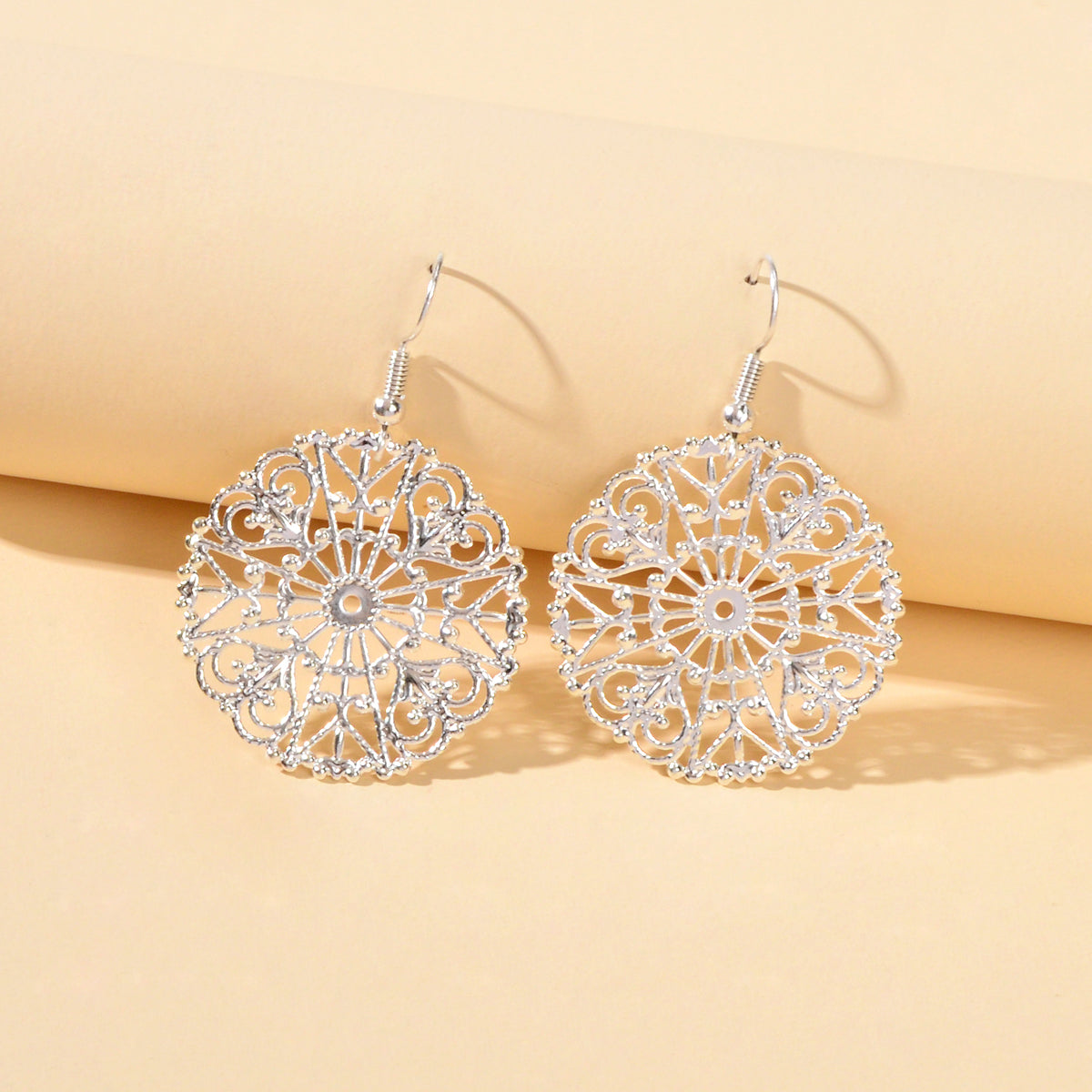 Ladies Jewellery Hollow Gold Silver Flower Pattern Round Trendy Dangle Earrings