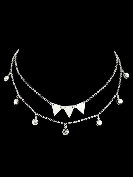 Trendy Jewellery Double layer Silver Chain Rhinestone Triangle Pendant Necklace