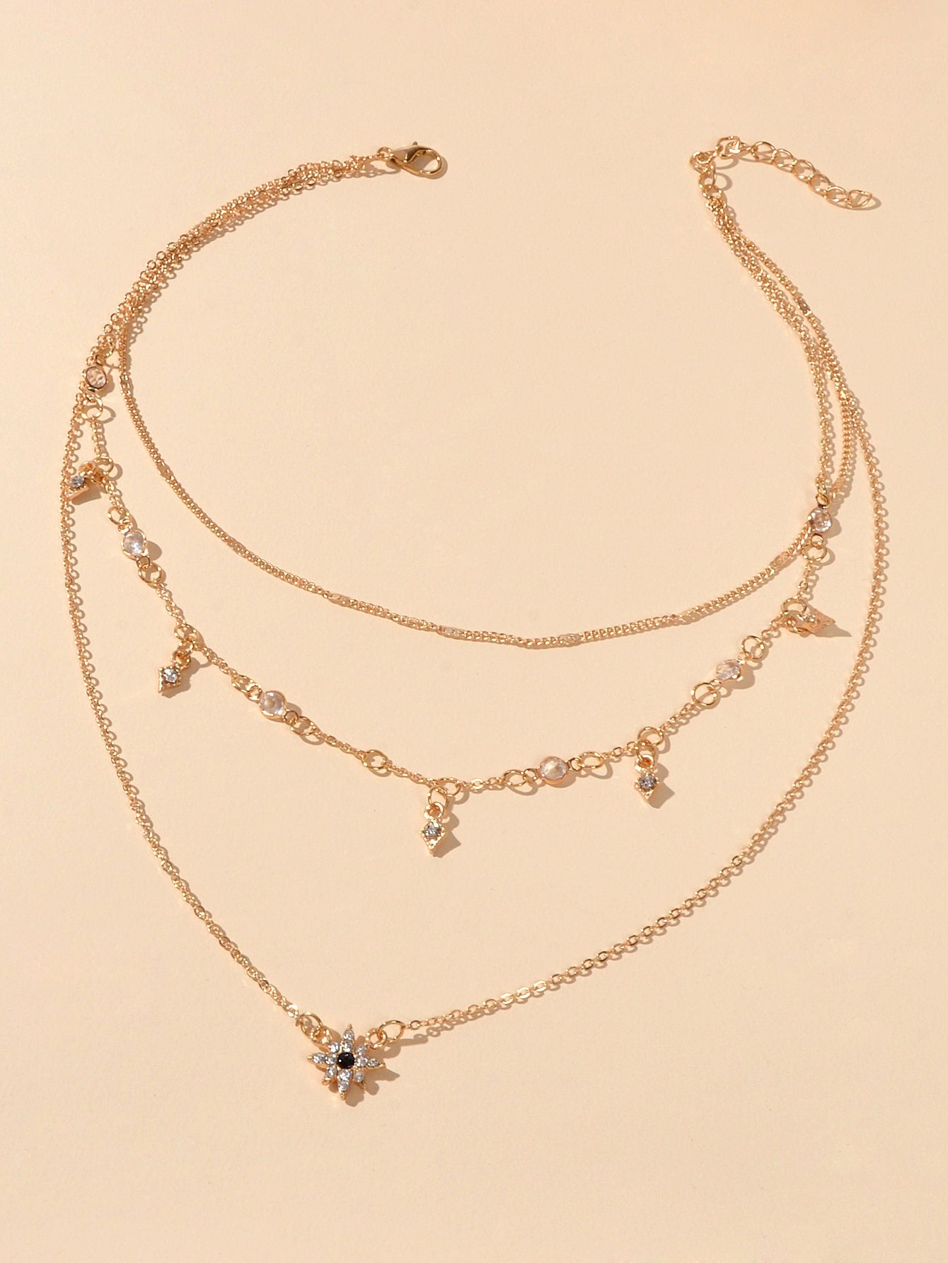 Awesome Teens Jewellery Gift Gold Layered Chain Rhinestone Flower Charm Necklace