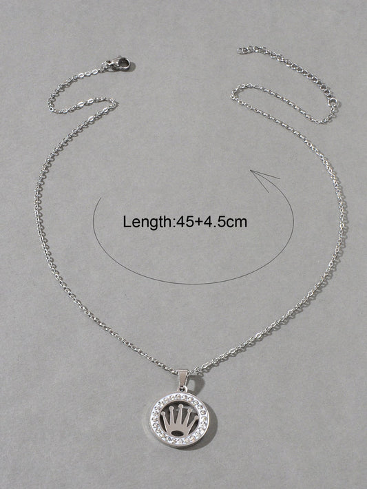 Engagement Jewellery Gift Full Rhinestone Silver Circle Crown Pendant Necklace