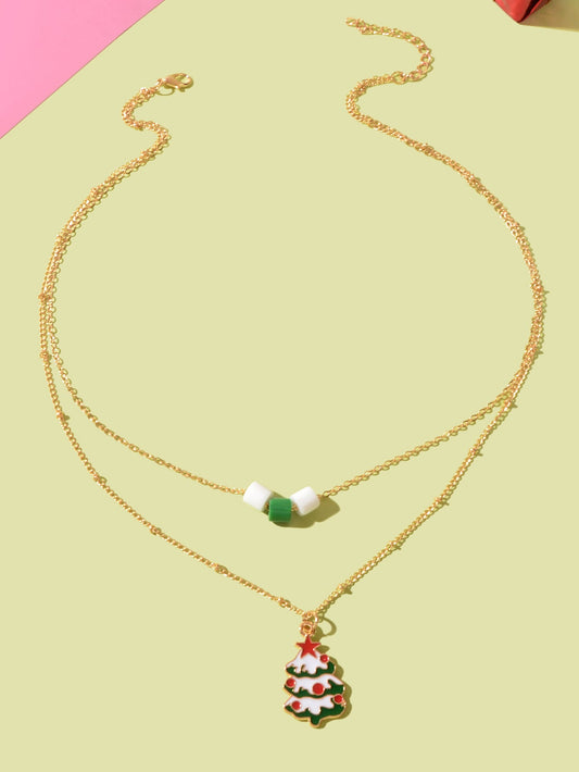 Festival Party Jewellery Gift Gold Layered Chain Christmas Tree Pendant Necklace