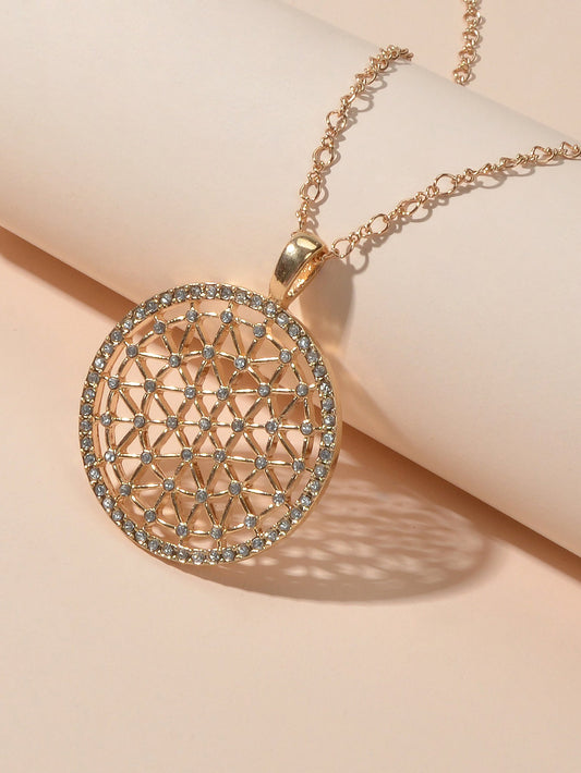 Good Quality Jewellery Gold Chain Rhinestone Decor Hollow Round Pendant Necklace