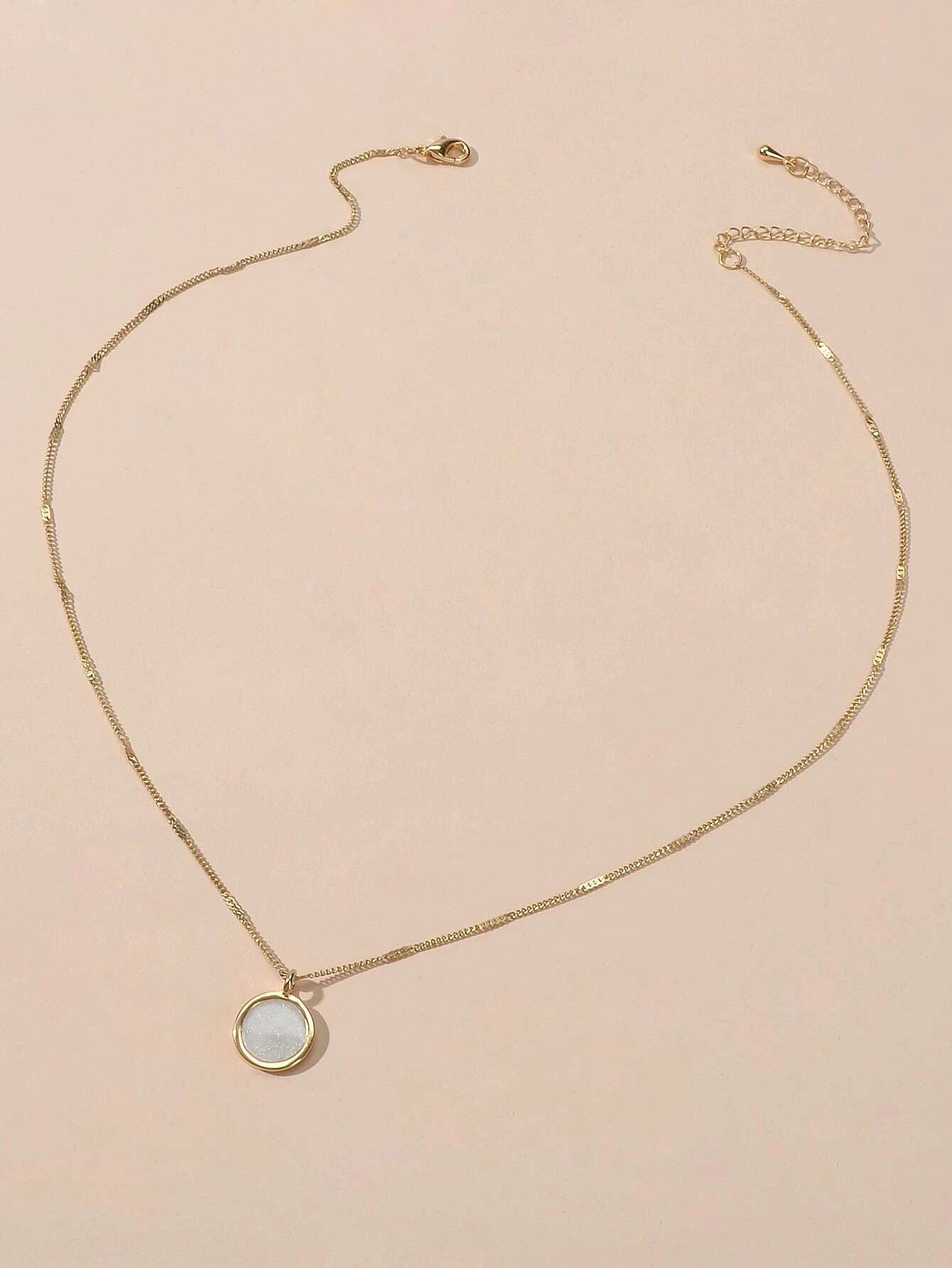 Textured Jewellery Gold Chain White Enamel Round Pendant Necklace Accessories