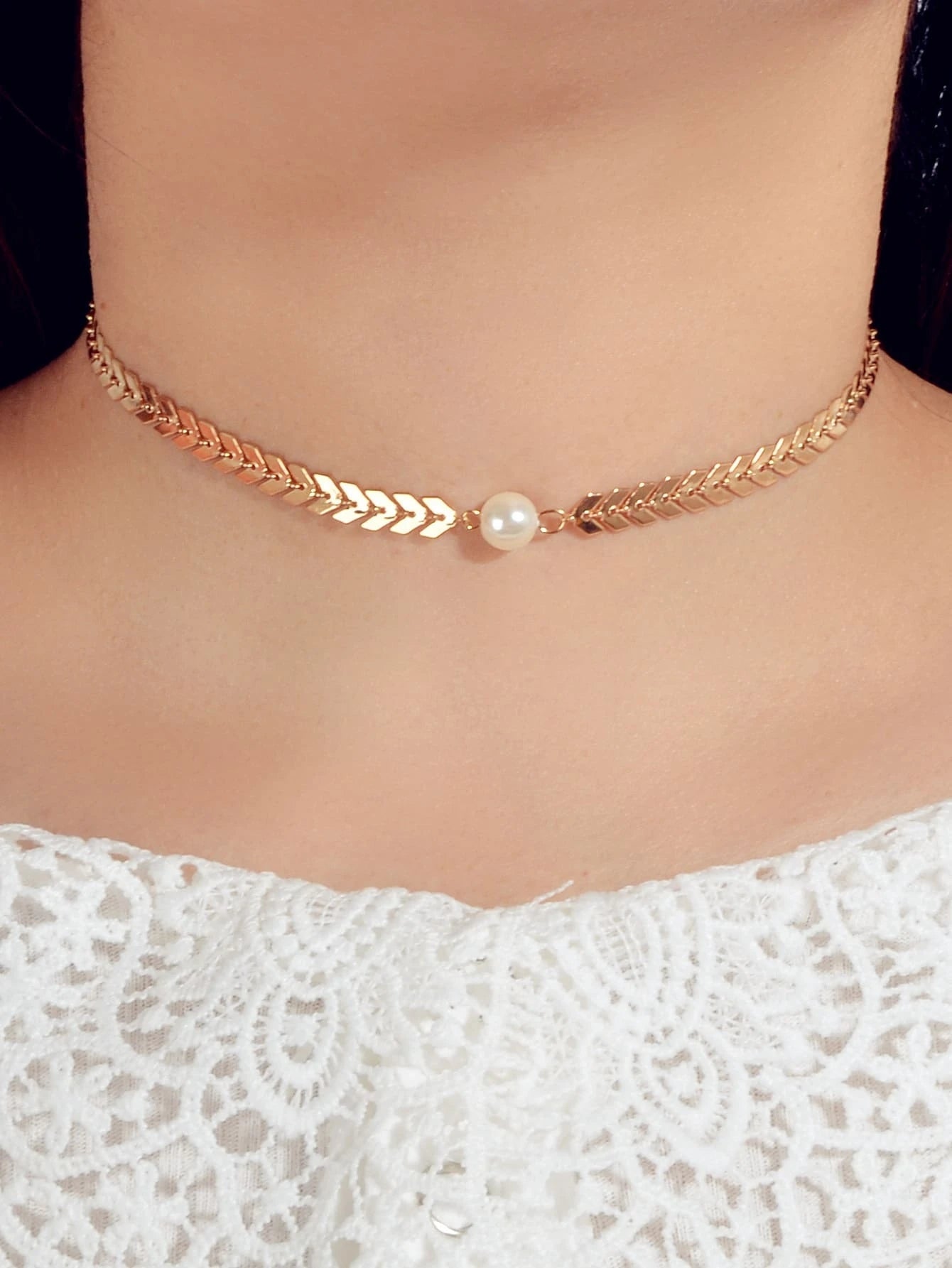 Fashion Jewellery Pearl Decor Gold Chain Arrow Choker Necklace Teens Accessories