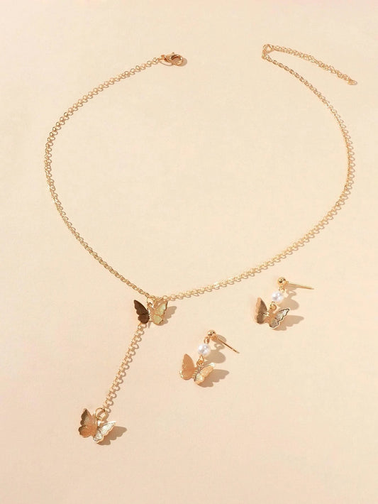 Jewellery set Pearl Decor Gold Butterfly Pendant Necklace Dainty Drop Earrings