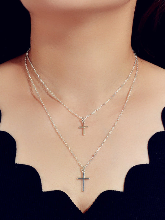 Fashion Jewellery Silver Chain Double layer Chain Cross Pendant Women Necklace