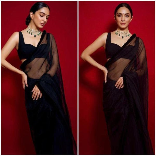 Sidhidata Women's Plain Georgette Saree With Unstitched Blouse Piece (Kiara Advani Black Saree)