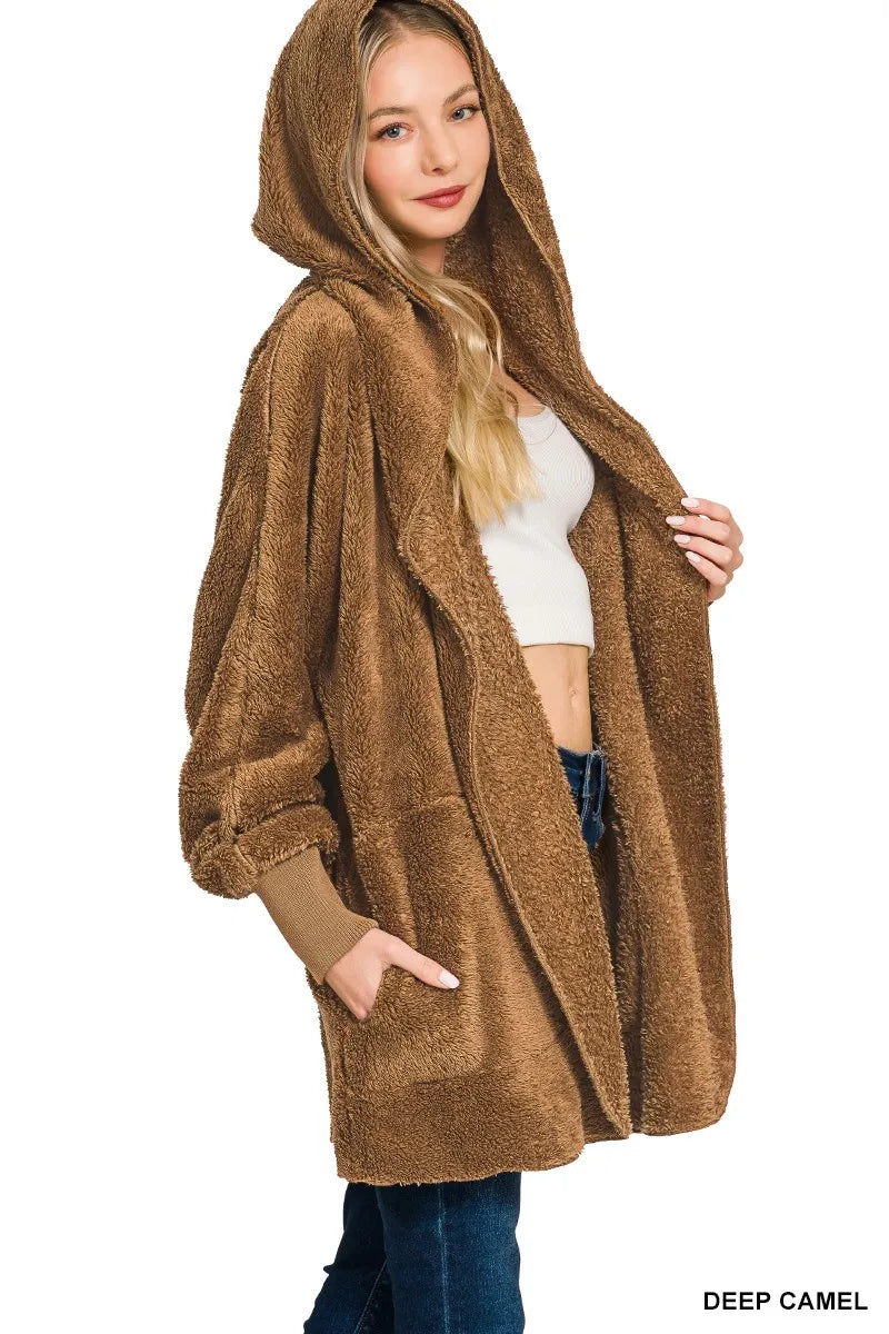 Zenana Hooded Faux Fur Jacket with Pockets