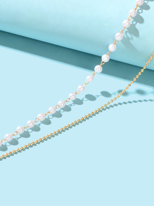 Foot Jewellery Gold Popcorn Chain Pearl Layered Anklet Bracelet Barefoot Sandal