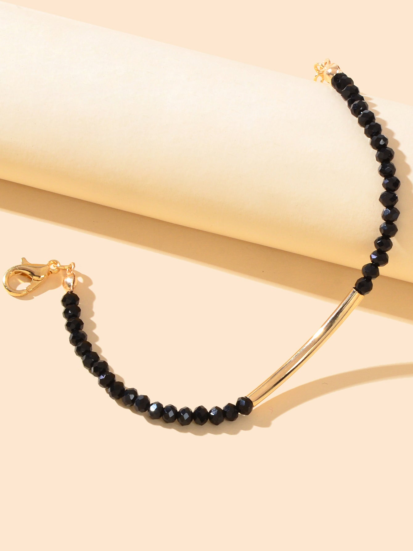 Trendy Handcrafted Black Beads Gold Metal String Bracelet Women Bangle Jewellery