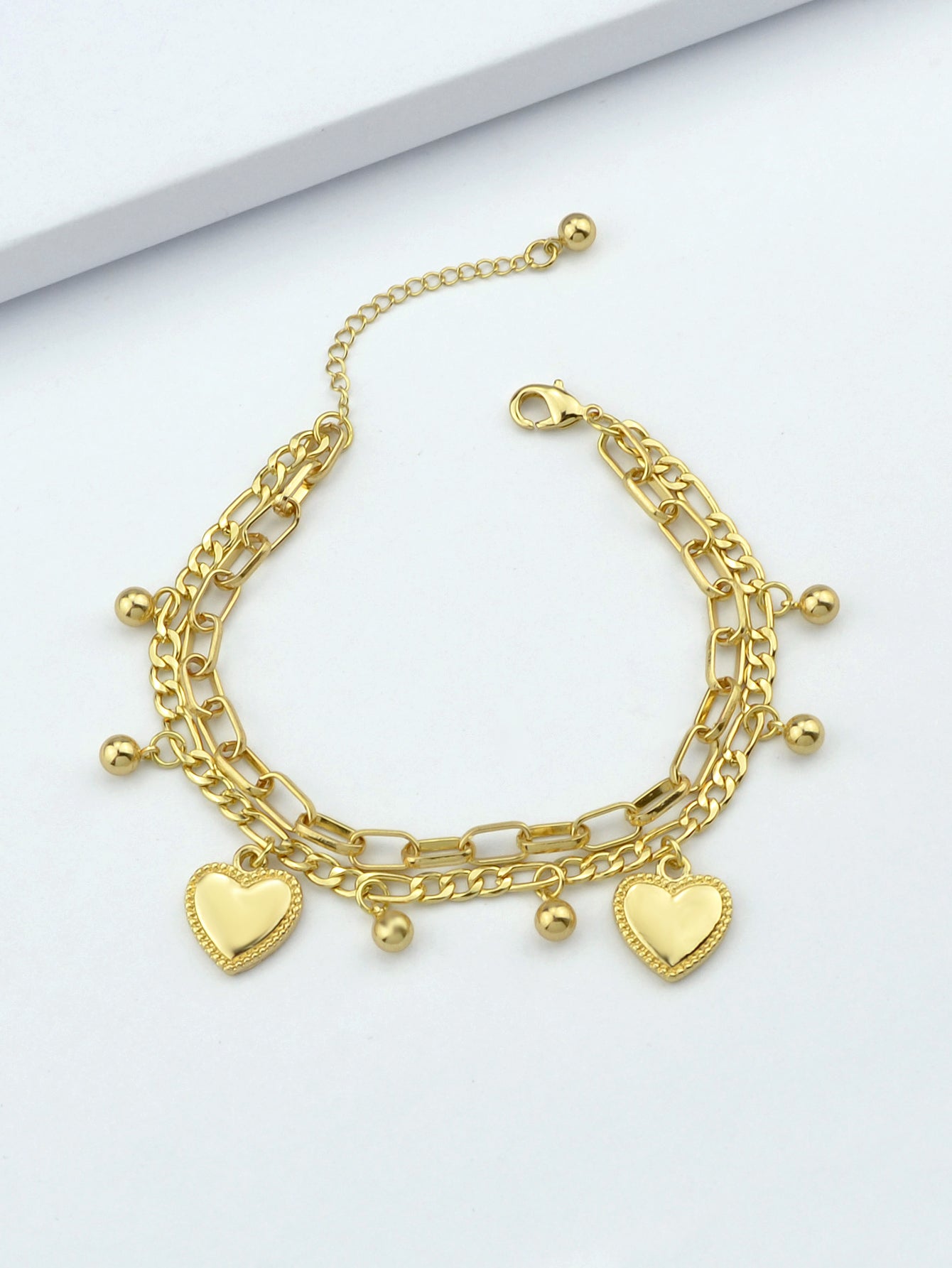 Ladies Jewellery Double layer Gold Silver Paperclip Chain Beads Heart Bracelet