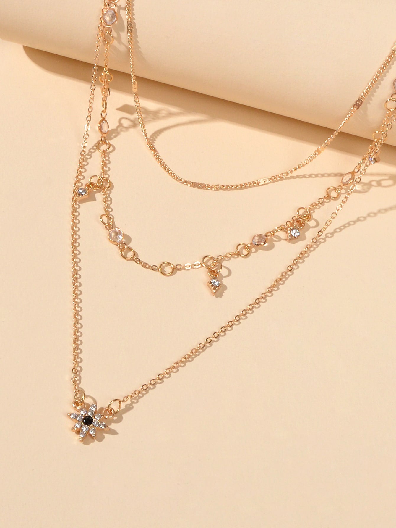 Awesome Teens Jewellery Gift Gold Layered Chain Rhinestone Flower Charm Necklace