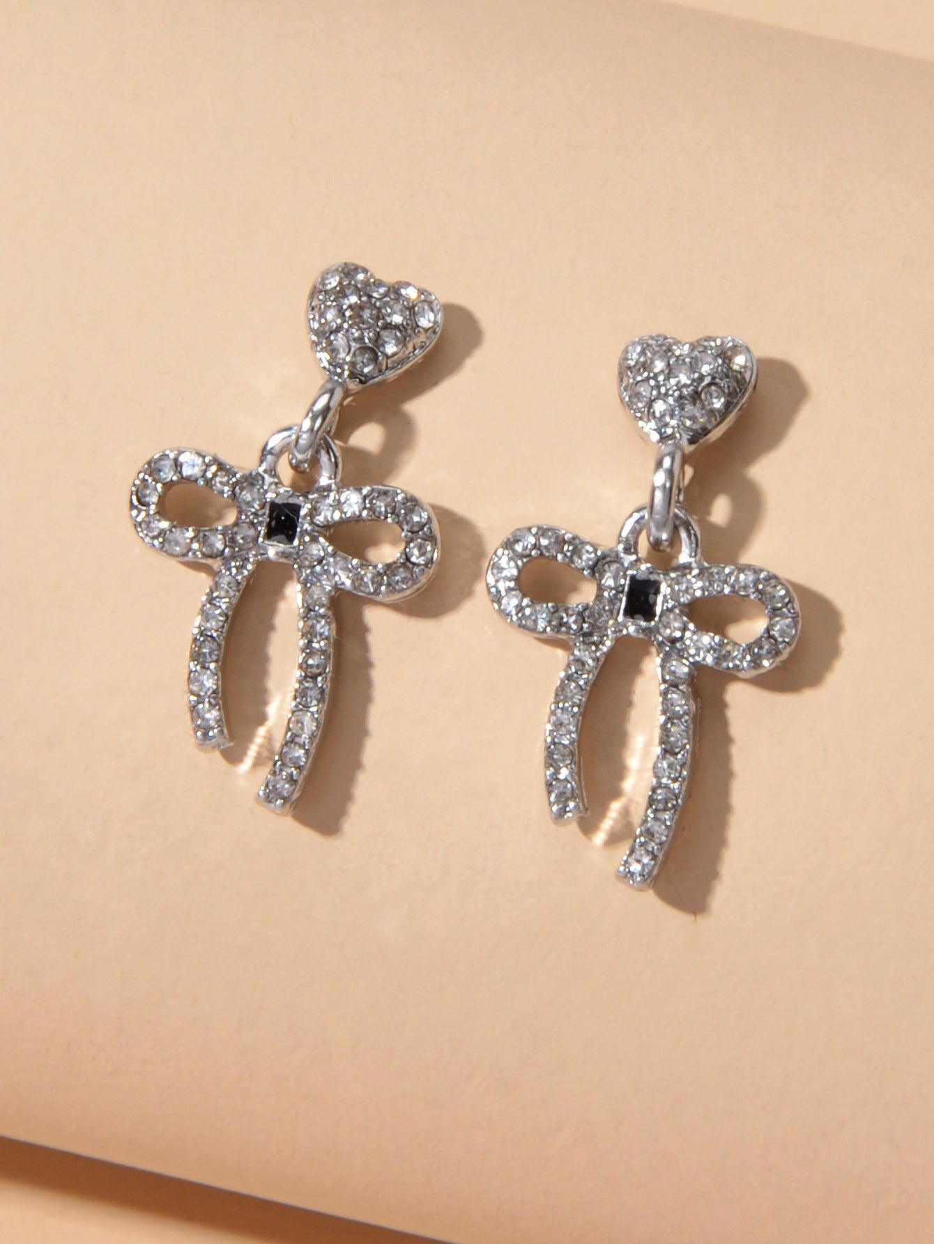 Luxury Full Rhinestone Silver Heart Bowknot Dangle Earrings Engagement Jewellery