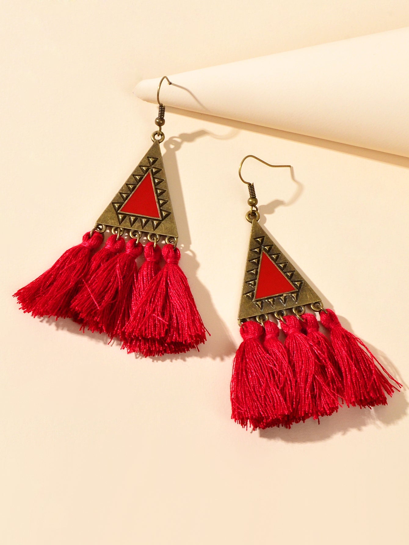 American Jewellery Ethnic Antique Gold Triangle Winered Tassel Bohemian Earrings