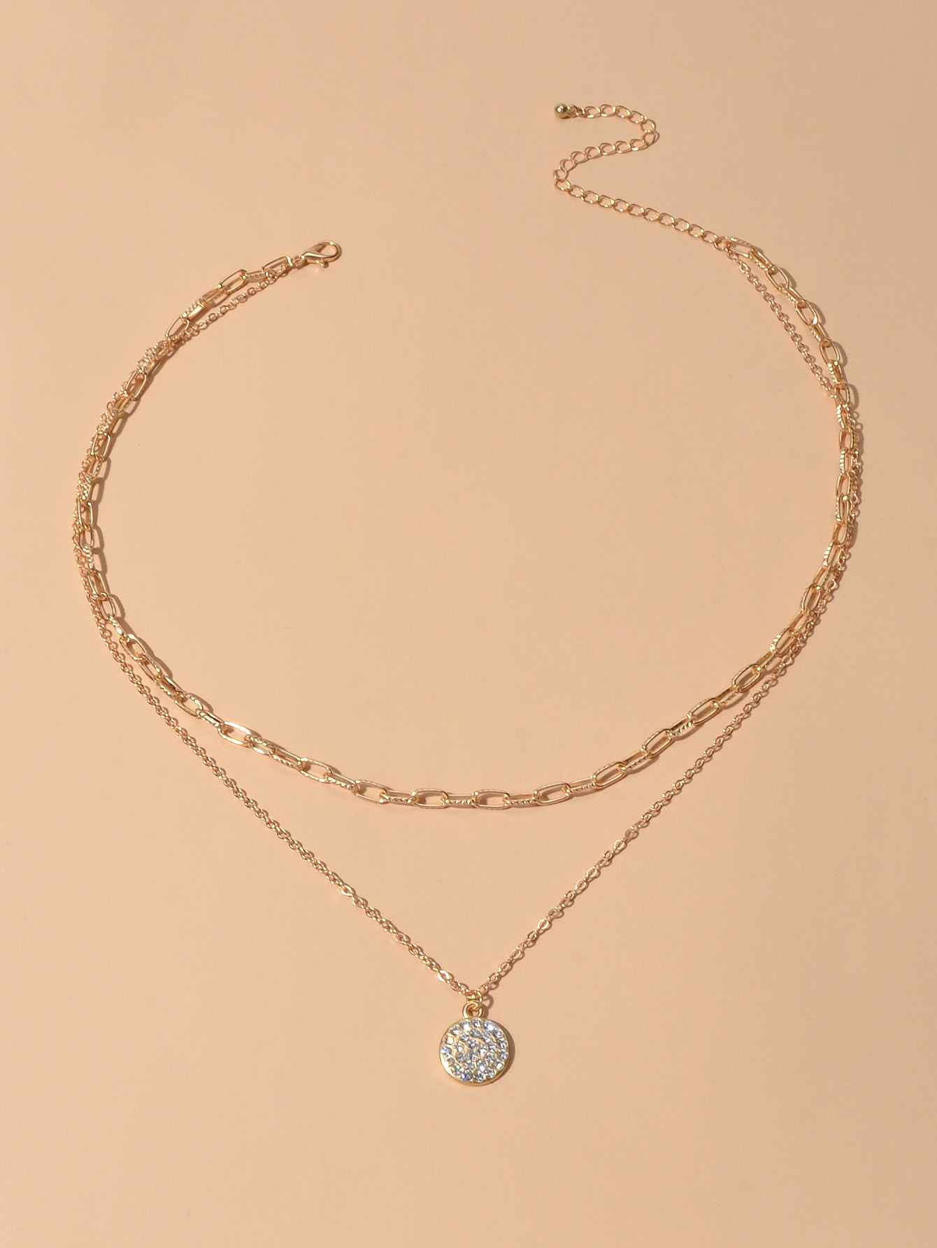 Female Jewellery Double layer Paperclip Gold Silver Chain Round Pendant Necklace