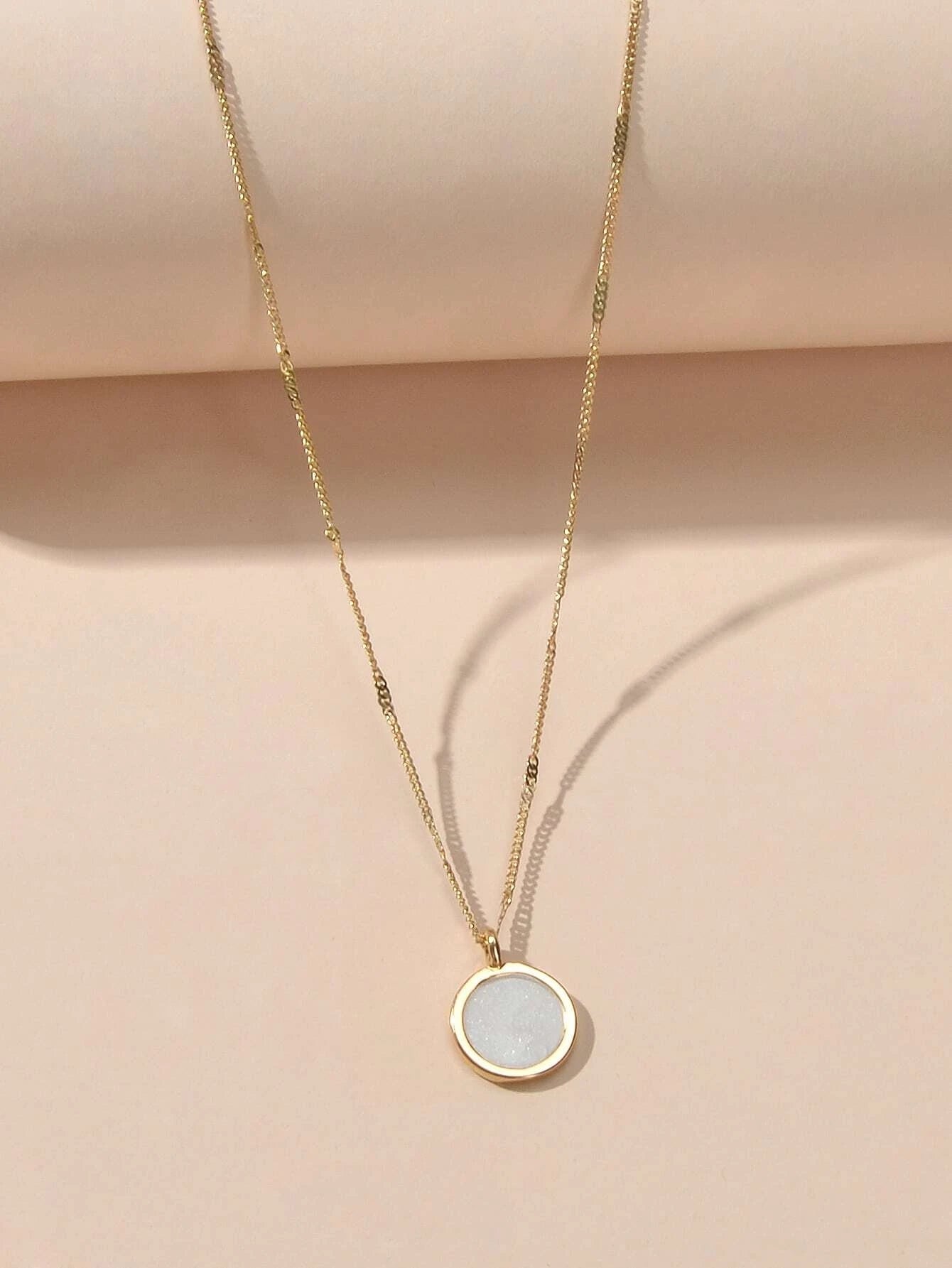 Textured Jewellery Gold Chain White Enamel Round Pendant Necklace Accessories