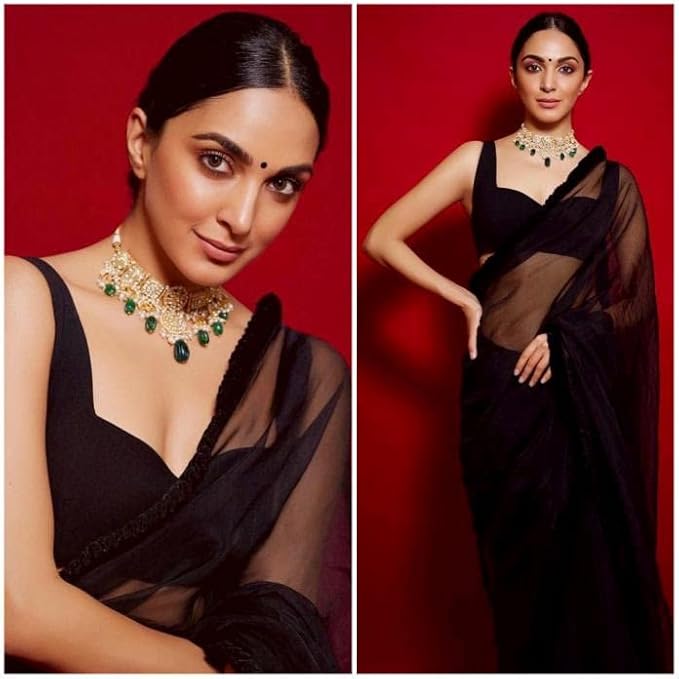 Sidhidata Women's Plain Georgette Saree With Unstitched Blouse Piece (Kiara Advani Black Saree)