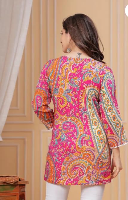 ANVI Women's Paisley Printed Short Kurti, 3/4 Sleeves, Multi-Color