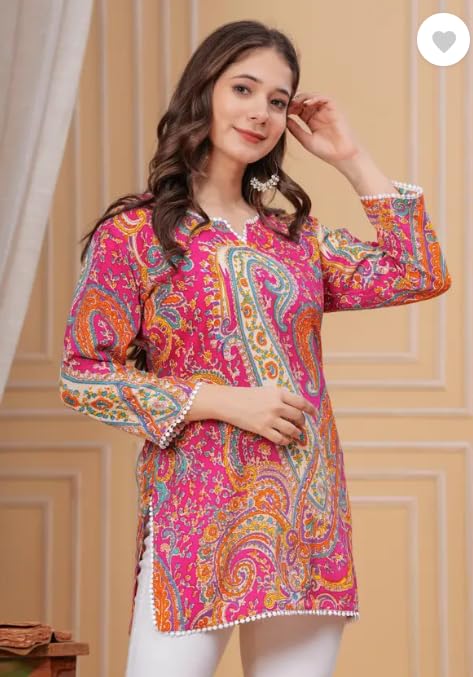 ANVI Women's Paisley Printed Short Kurti, 3/4 Sleeves, Multi-Color