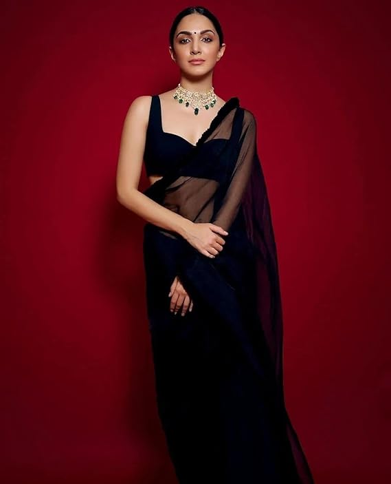 Sidhidata Women's Plain Georgette Saree With Unstitched Blouse Piece (Kiara Advani Black Saree)