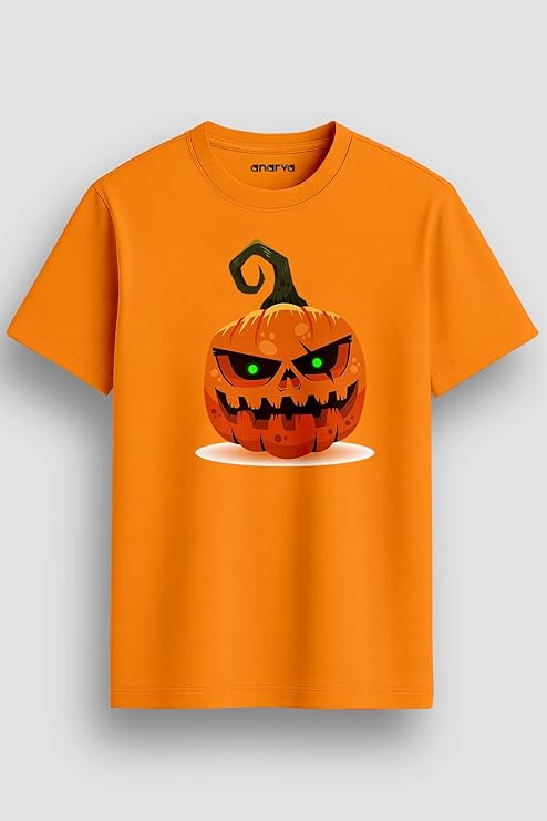 Amazon Brand - Anarva Regular Fit Halloween T-Shirt | Scary Pumpkin Face Print Cotton Tee for Men & Women | Spooky Halloween Costume Top