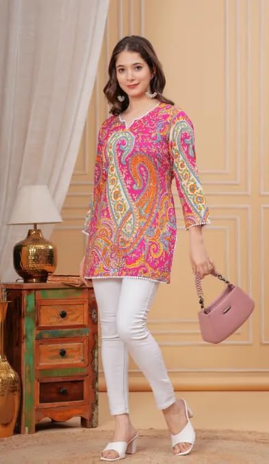 ANVI Women's Paisley Printed Short Kurti, 3/4 Sleeves, Multi-Color