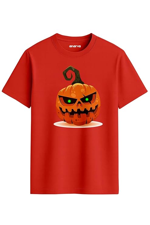 Amazon Brand - Anarva Regular Fit Halloween T-Shirt | Scary Pumpkin Face Print Cotton Tee for Men & Women | Spooky Halloween Costume Top