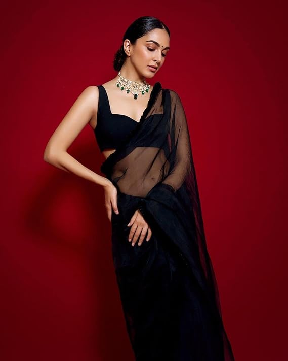 Sidhidata Women's Plain Georgette Saree With Unstitched Blouse Piece (Kiara Advani Black Saree)