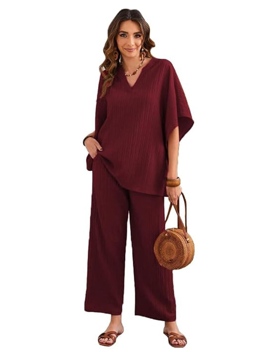 TADKEE Women's Solid Color V-Neck Kaftan Sleeve Casual Wear Co ord Set | Kurta Set for Women