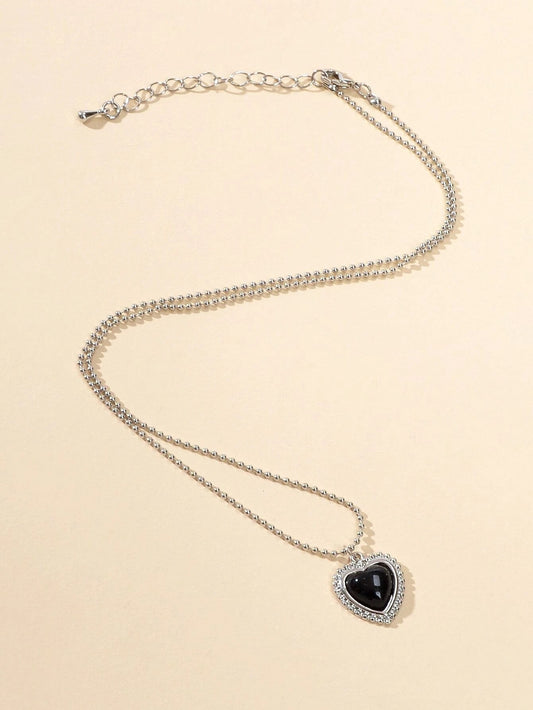 Silver Ball Chain Black Love Heart Pendant Necklace Textured Collar Jewellery