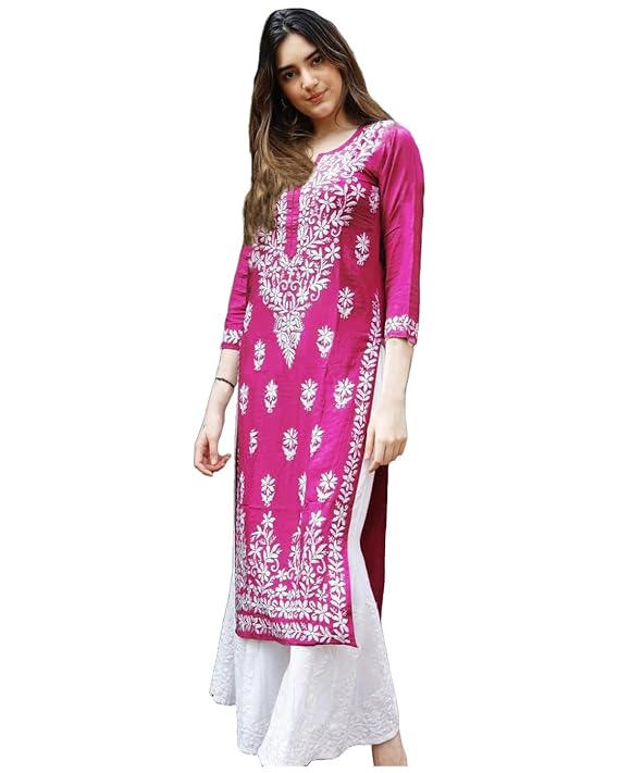 ANNI DESIGNER Women's Cotton Blend Straight Fit Straight Chikankari Embroidered Kurta