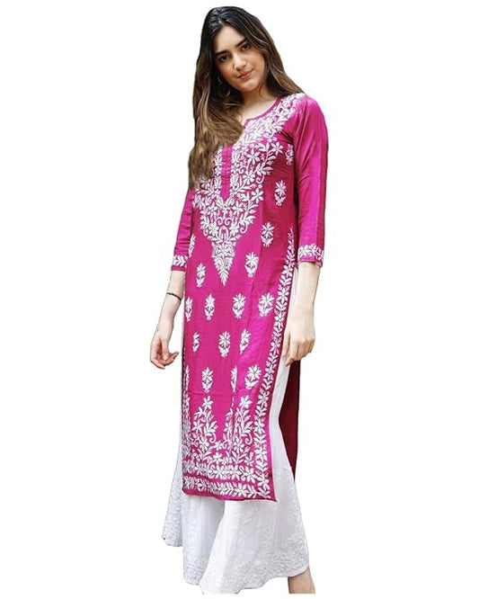 ANNI DESIGNER Women's Cotton Blend Straight Fit Straight Chikankari Embroidered Kurta