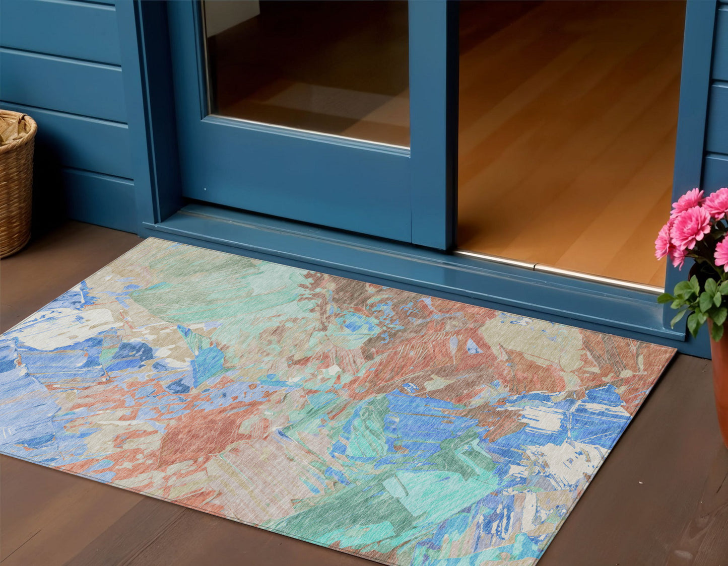 3' X 5' Coral Teal Blue And Mint Green Abstract Washable Indoor Outdoor Area Rug