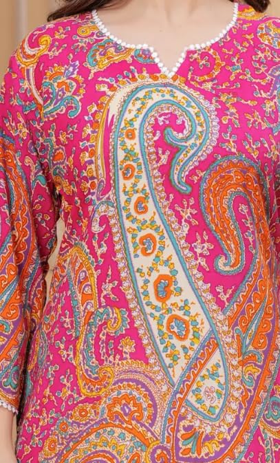 ANVI Women's Paisley Printed Short Kurti, 3/4 Sleeves, Multi-Color