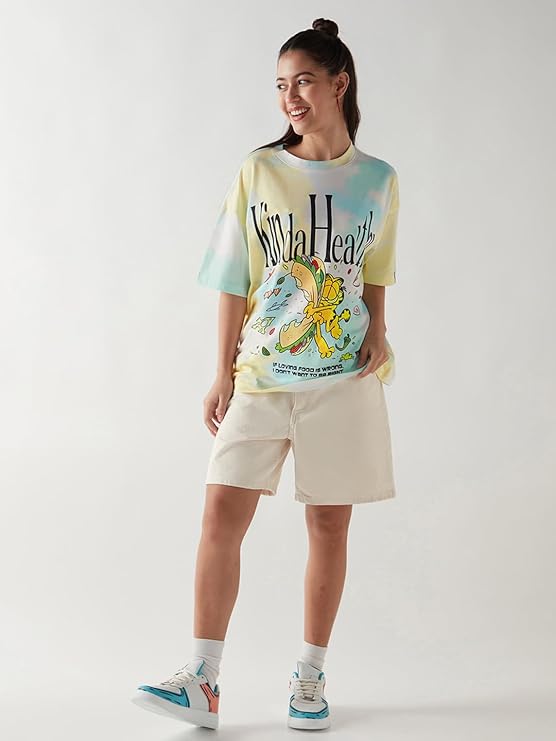 Bewakoof Official Garfield Merchandise Women's Graphic Printed Oversized Fit Half Sleeve Round Neck Cotton Jersey T-Shirt