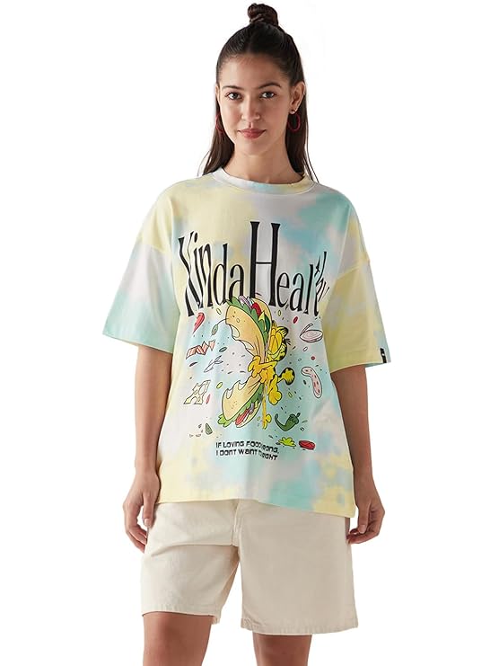 Bewakoof Official Garfield Merchandise Women's Graphic Printed Oversized Fit Half Sleeve Round Neck Cotton Jersey T-Shirt