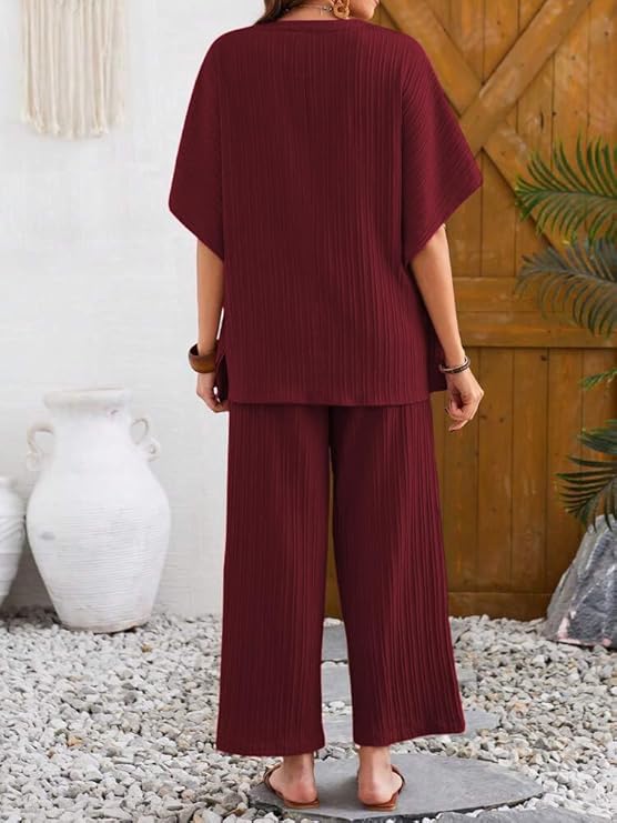 TADKEE Women's Solid Color V-Neck Kaftan Sleeve Casual Wear Co ord Set | Kurta Set for Women