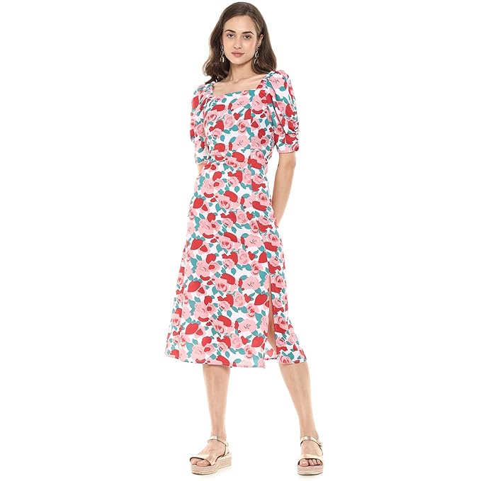 Campus Sutra Women White & Pink Floral Printed Knee Length Casual Dress