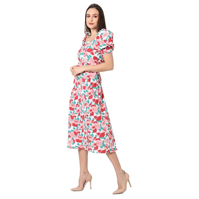 Campus Sutra Women White & Pink Floral Printed Knee Length Casual Dress