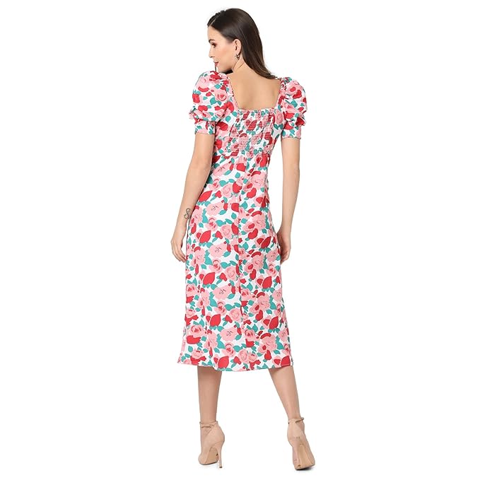 Campus Sutra Women White & Pink Floral Printed Knee Length Casual Dress