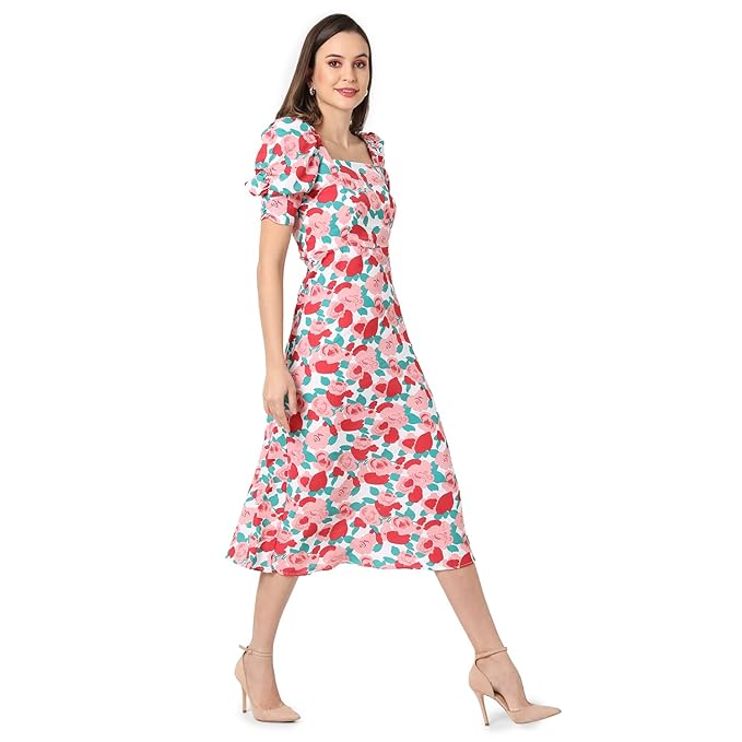 Campus Sutra Women White & Pink Floral Printed Knee Length Casual Dress