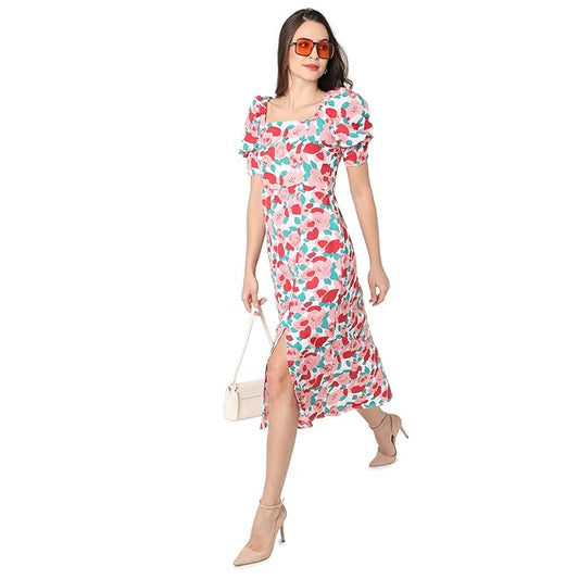 Campus Sutra Women White & Pink Floral Printed Knee Length Casual Dress