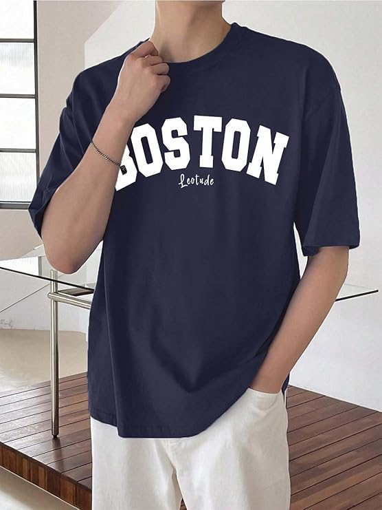 LEOTUDE Man Cotton Blend Graphic Print Round Neck Half Sleeve Drop Shoulder Oversized T Shirt (Color Navy Blue)