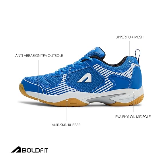 Boldfit Badminton Shoes Shuttle Non Marking Shoes for Badminton Men Light Badminton Shoes for Women & Badminton Shoes Men Breathable Non Marking Shoes for Badminton Anti Skid Pickleball Shoes Blue